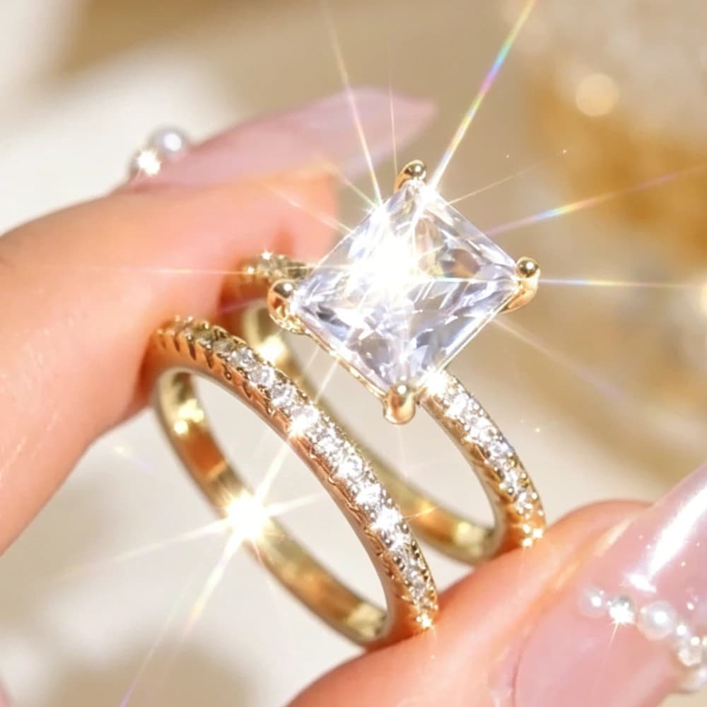 A stylish and elegant light luxury square glittering white stone ring for ladies. It is a symbol of a bride's engagement, wedding anniversary and birthstone. It is a high-quality jewelry piece for women, suitable as a Valentine's Day or Christmas gift.