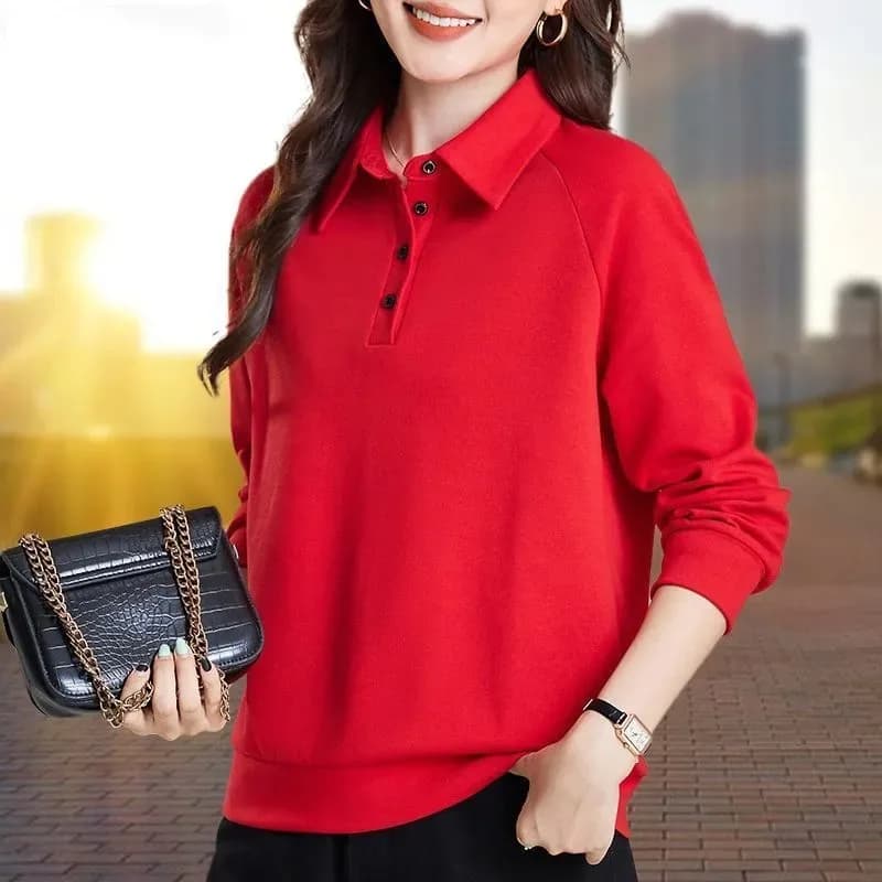 Elegant Women Spring Polo Collar Sweatshirt Loose Long Sleeve Casual Mom Basic Layering Top