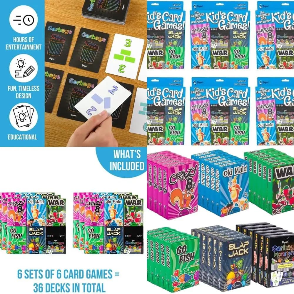 Collezione classica di giochi di carte per bambini: Go Fish, Crazy Eights, Old Maid, Slap Jack, Garbage Monsters, War - Divertenti set di carte per famiglie (6