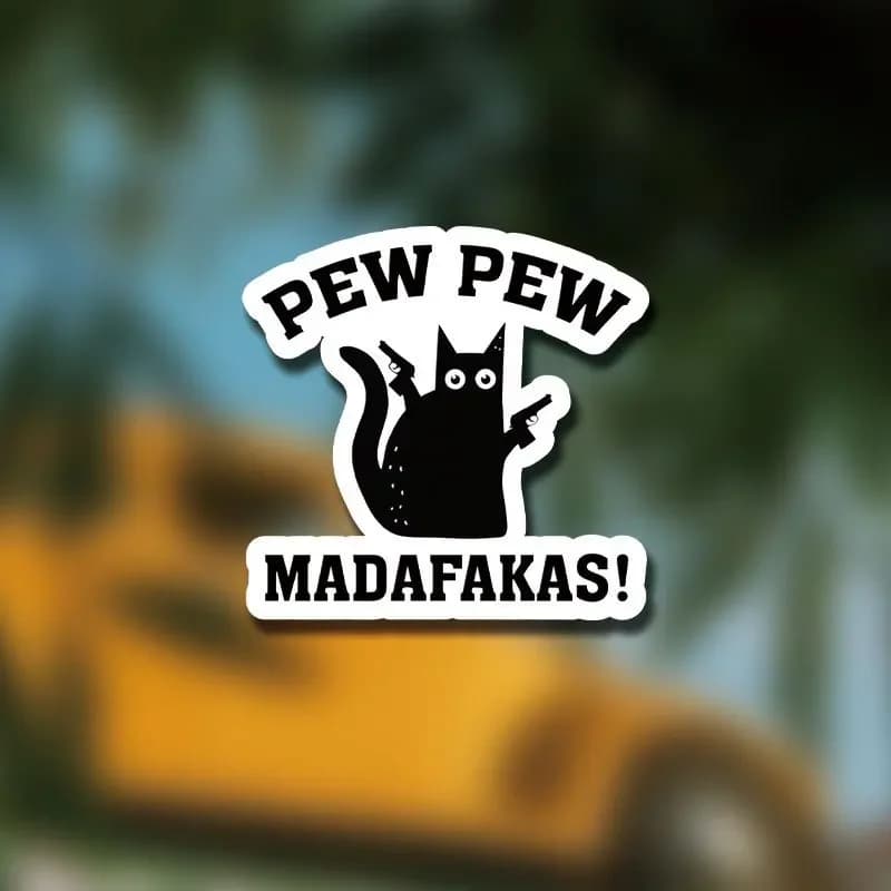 1 adesivo gatto nero "Pew Pew Madafakas" per laptop, bottiglia d'acqua, chitarra, frigorifero - divertente arredamento per stare in piedi