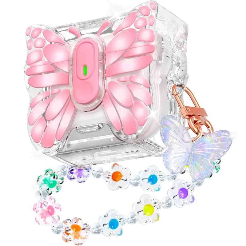 Compatibile con AirPods 4 e AirPods Pro (2a generazione) – Custodia in TPU con stampa farfalla rosa, supporto integrato e simpatico portachiavi a forma di gatto