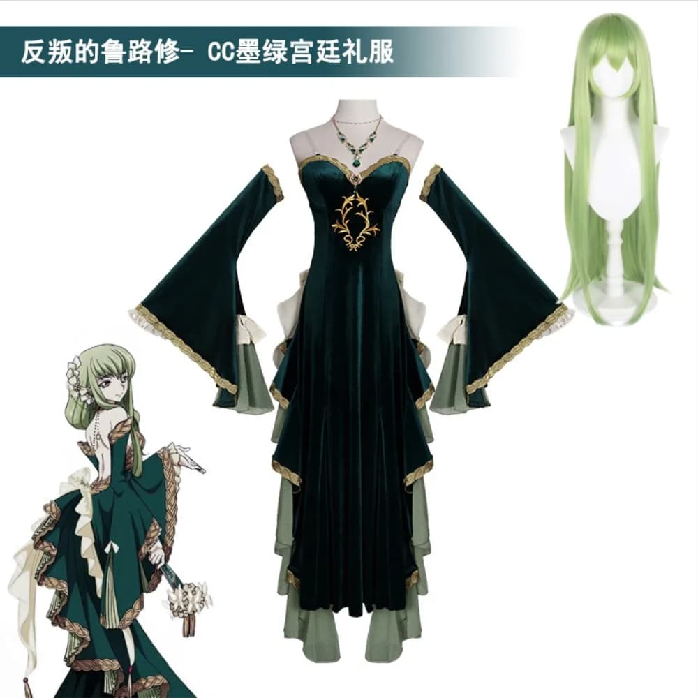 Code Geass Lelouch of The Rebellion C.C. Costume da Cosplay Verde, Abito Elegante con Accessori, Parrucca, Set Completo per Comic Con e Spettacoli