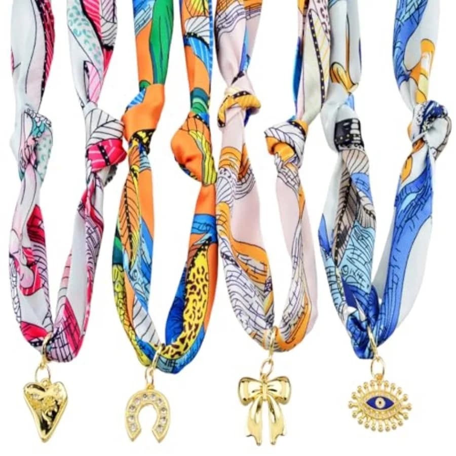 Scarf Necklace with Charm 4pack Silk Styling Scarf Charm Necklace for Women Bandana Necklace with Charms Adjustable Tie Stateme