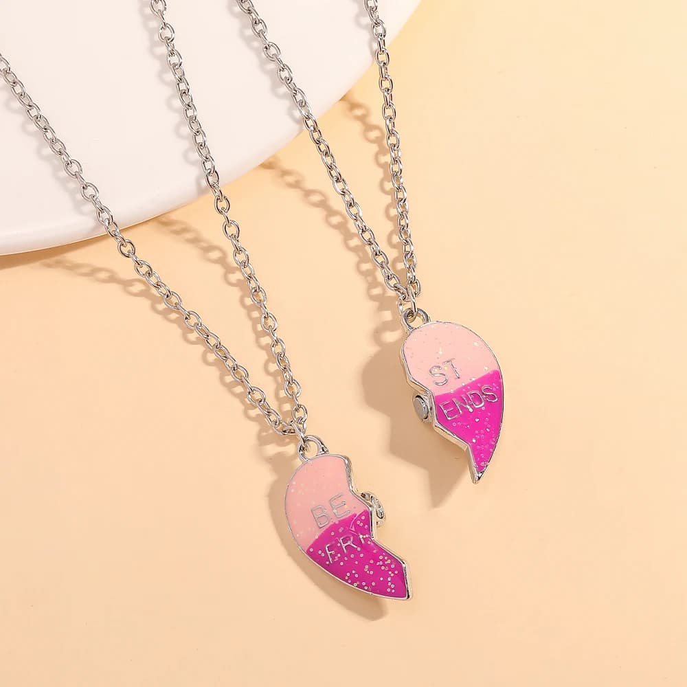 2Pcs/Set Cute Pink Glitter Enamel Puzzle Heart Best Friends Magnetic Necklace Women Girls Friendship BFF Jewelry