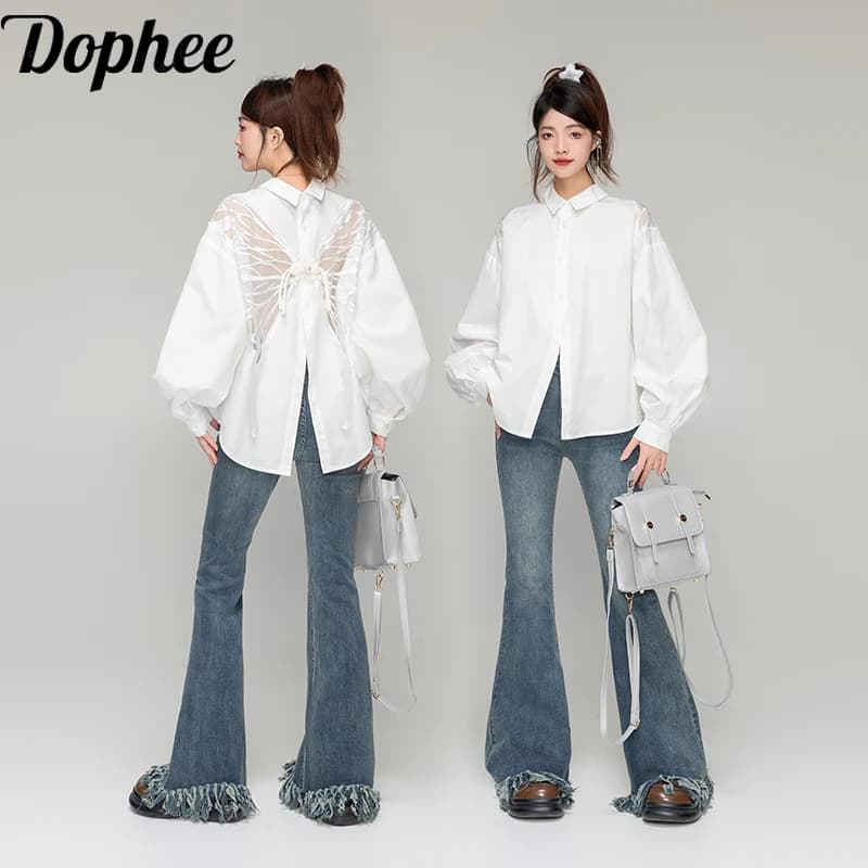 Dophee Original ricamo farfalla scava fuori camicette bianche senza schienale camicie estive a maniche corte da donna Y2k Top Casual allentato