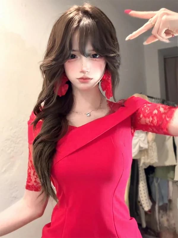 Pure Desire Sexy Lace Splice Dress Slimming Bodycon Skirt Women's Waist Cinching Dress Ladylike Style Short Sleeve V Neck