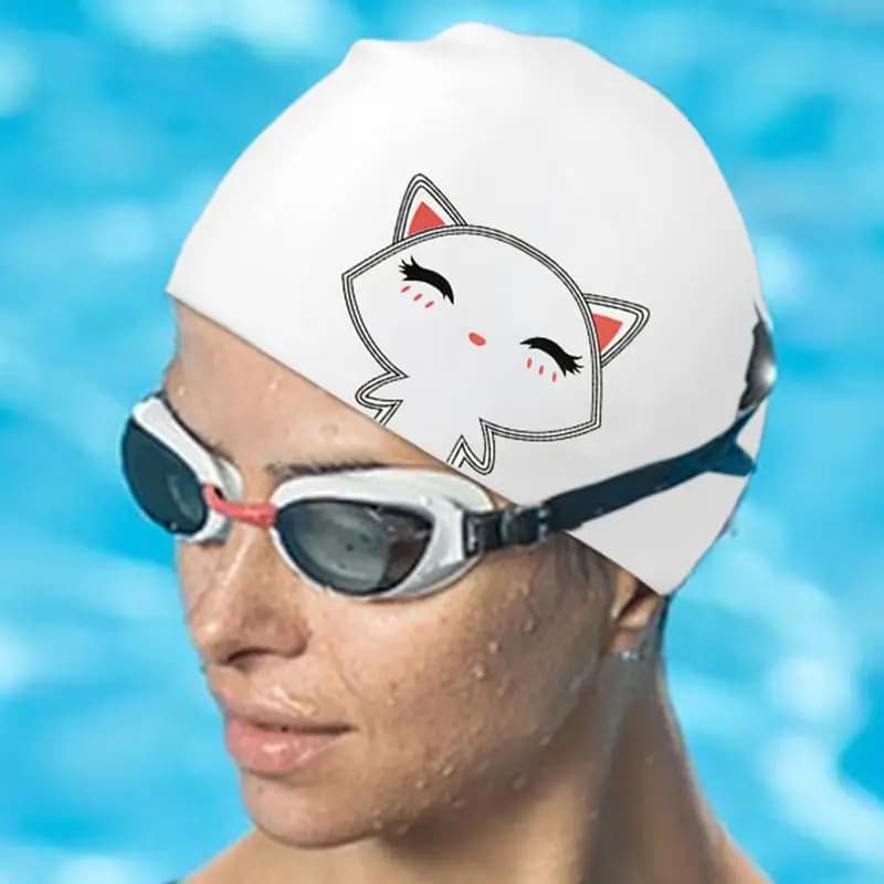 Silicone swim cap with cat pattern Waterproof pool cap Flower printed ears Long hair sub hat protects Adult women