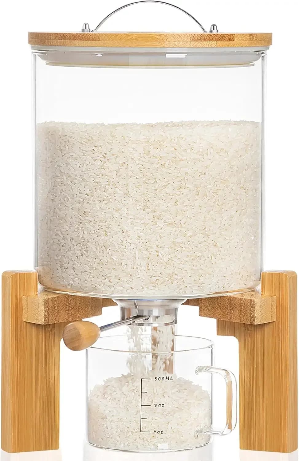 Dispenser per Riso in Vetro da 8-10 Libbre con Supporto in Legno, Contenitore per Farina e Cereali con Tazza Dosatrice in Vetro, Organizzazione Dispensa
