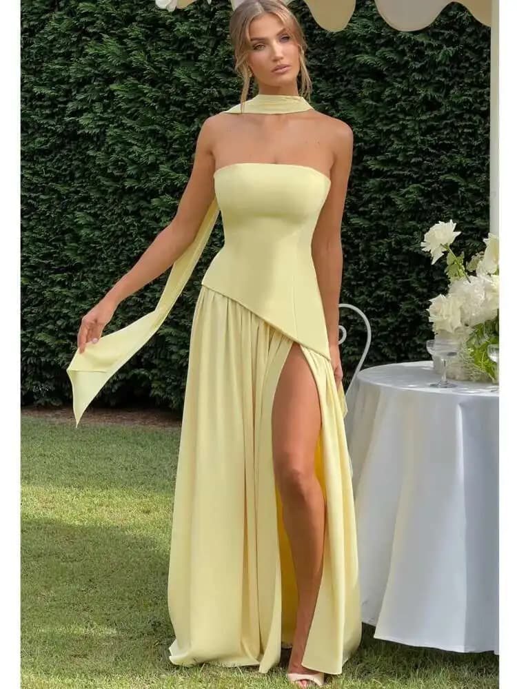 Articat elegante senza spalline stretto pieghettato fessura abito da sera partito donna sexy senza maniche backless sciarpa nastro estate nuovo vestido