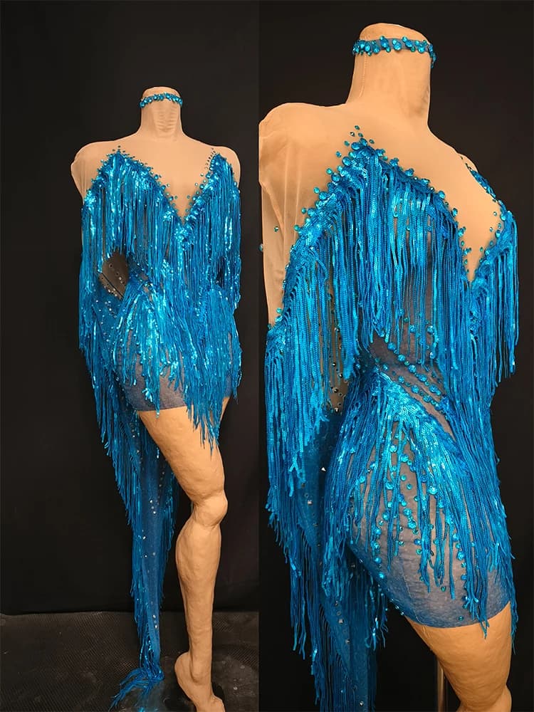 Gonna con frange di strass blu Garza Maglia Prospettiva Abito da coda Abito da cocktail Donna Splendida festa di ballo di fine anno Abbigliamento da discoteca