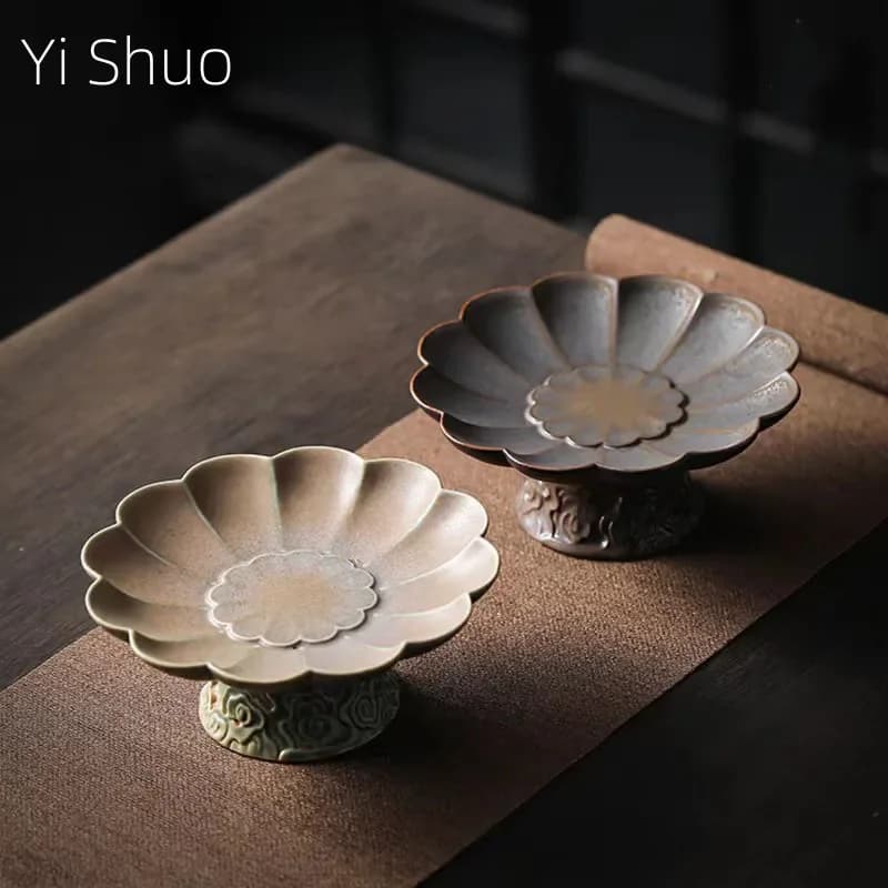 Kiln Baked High Foot Fruit Plate Chinese High Foot Dried Fruit Dish Ceramic Dim Sum Plate Tea Cake Tray Vintage Snack Tray