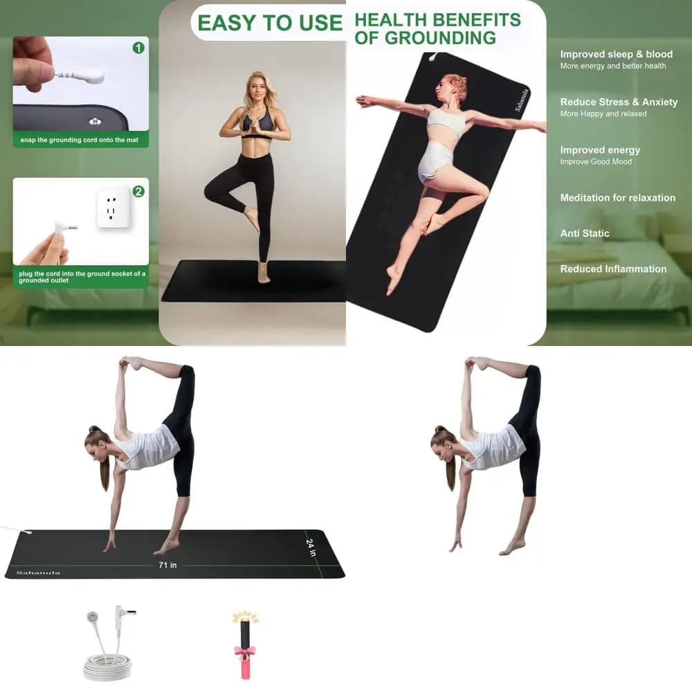 Yoga mat with anti-slip grounding with 15-foot cable, 71x24-inch, ideal for exercises, fitness, sleep, work, meditation and anxiety reduction