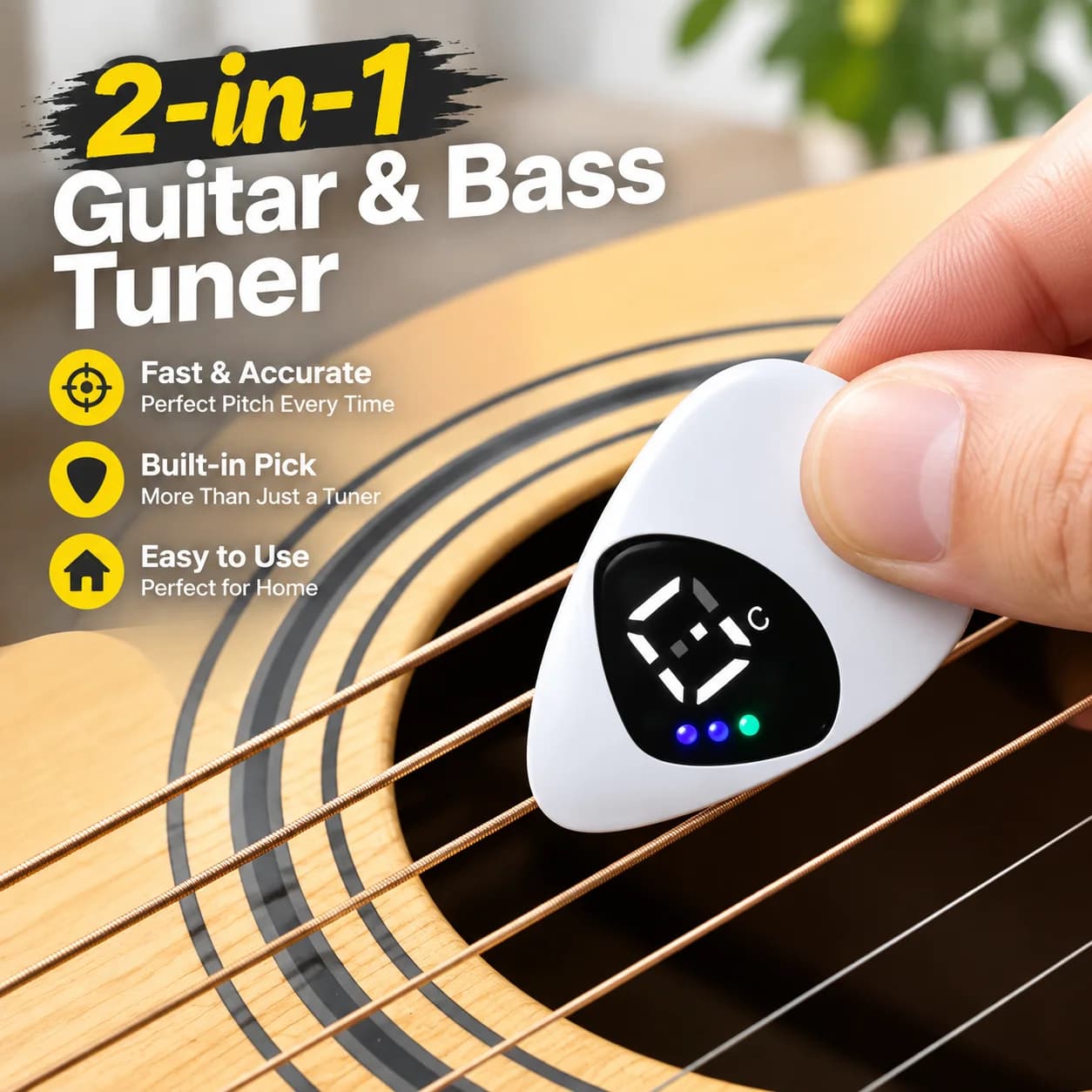 2-in-1 Electric Guitar and Bass Tuner with Pick, Universal 12-Tone Equal Temperament Tuning Tool, Easy to Use for Home