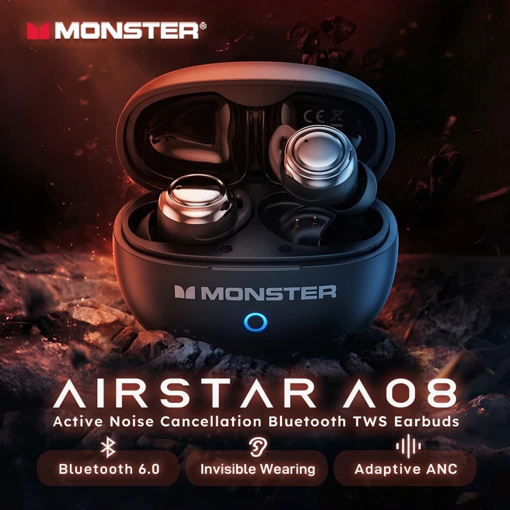 Monster AirStar A08 ANC Earbuds Bluetooth 6.0 Invisible In-Ear TWS Wireless Earphone Adaptive Active Noise Cancelling Headphone
