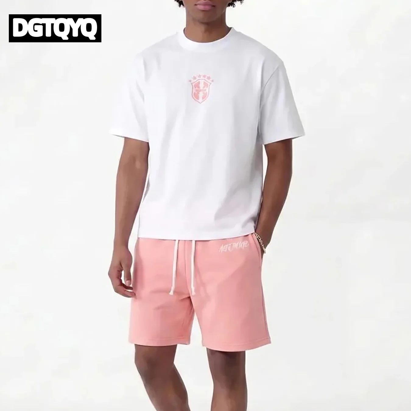 Man's Summer New Pink Embroidered Casual Shorts Straight Through Loose Shorts Printed Round Neck T-shirt Set for Women