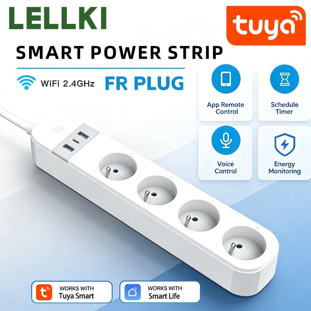 LELLKI FR WiFi Tuya Smart Power Strip USB Type-C Energy Monitor Remote Timer Voice Control Alexa Google Multi Socke Smart Home