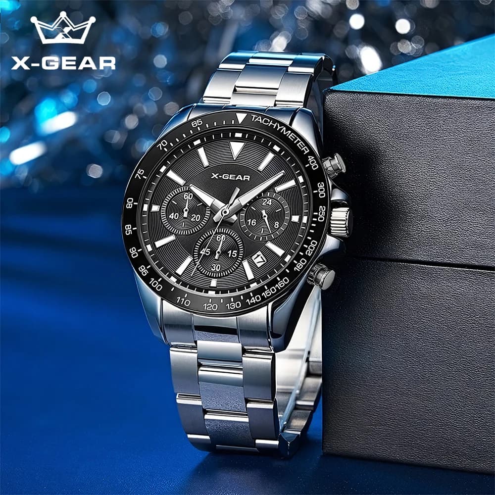 X-GEAR Man Watch Luxury Three-Eye Six-Hand Quartz Watch for Men Stainless Steel Strap Dress & Casual Wristwatch