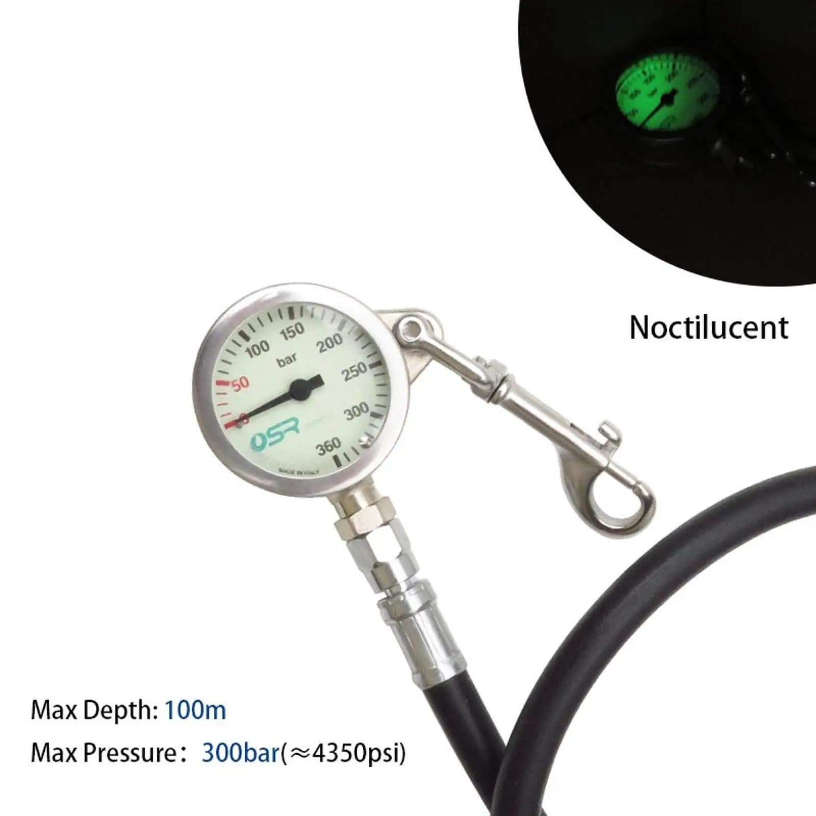 Manometro per Immersioni con Gancio, Leggero, Portatile, Compatto, in Metallo, Manometro ad Alta Pressione 350 Bar per Snorkeling e Sport Subacquei