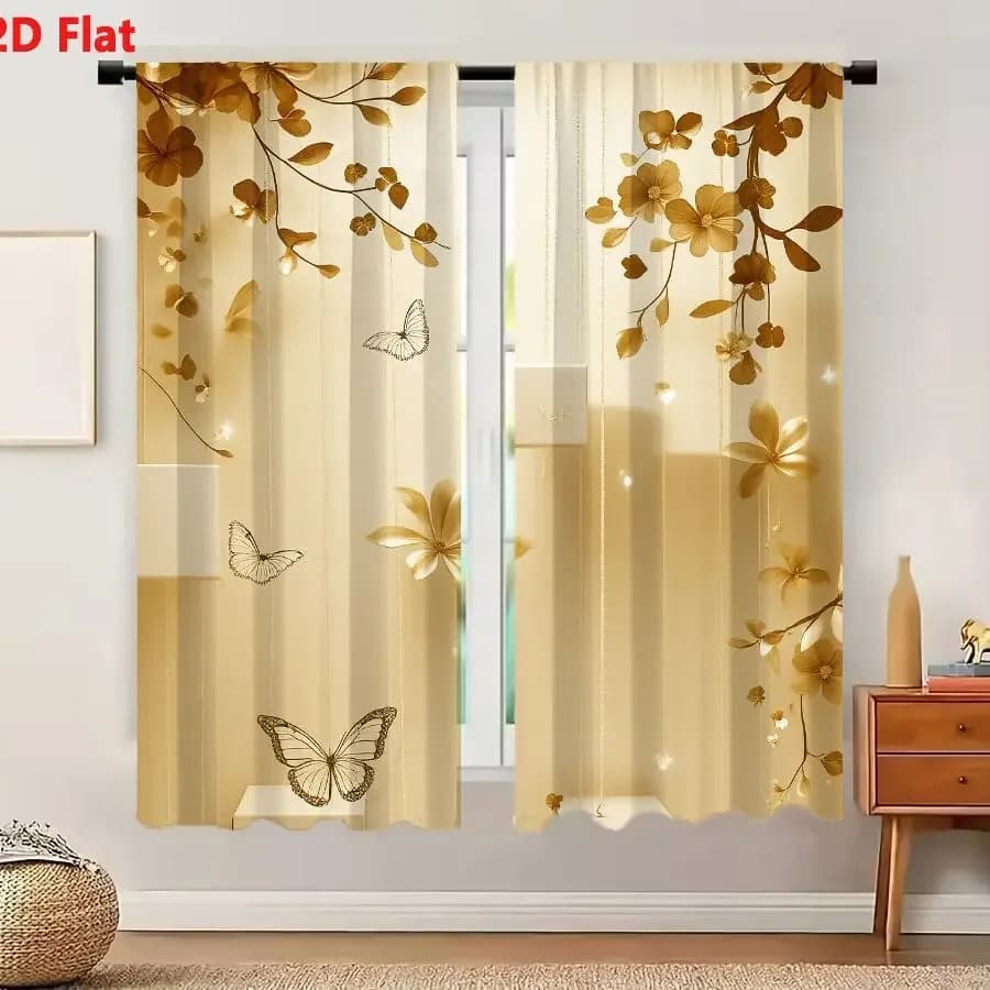 2Pcs Curtains Add 2D Flat Elegant Whimsical Interior Design With Golden Flowers Wireframe Butterflies And Glowing Orbs In Soft B