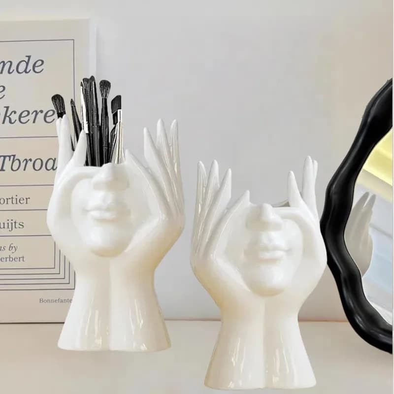 Scatola portaoggetti per cosmetici in stile artistico di lusso, vaso con statua a forma di volto, porta pennelli trucco multifunzionale + organizer per strumenti di trucco