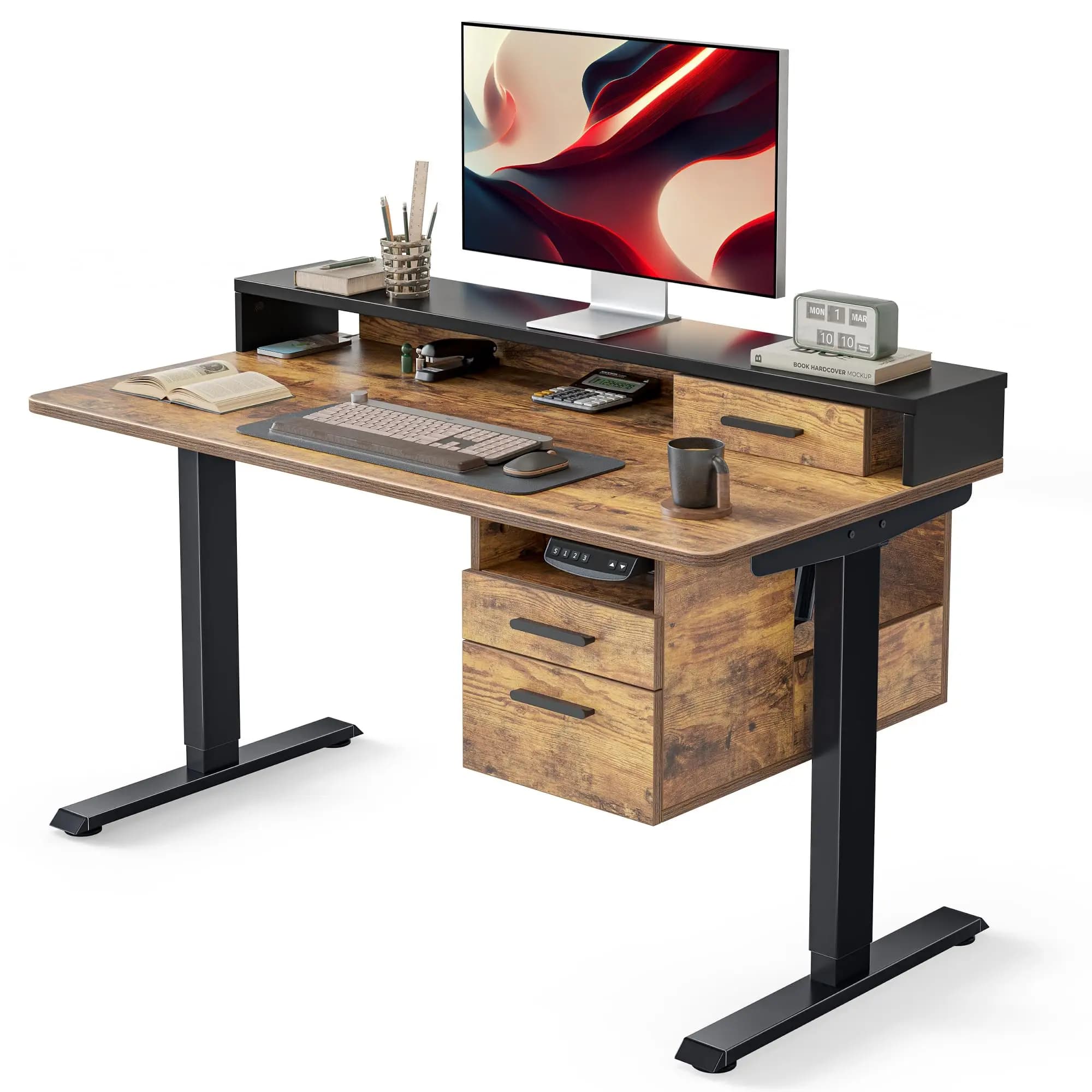 Scrivania Elettrica Regolabile in Altezza 48 X 24 Pollici con Ripiano per Monitor, 3 Cassetti e Spazio di Archiviazione Aperto per Ufficio e Casa