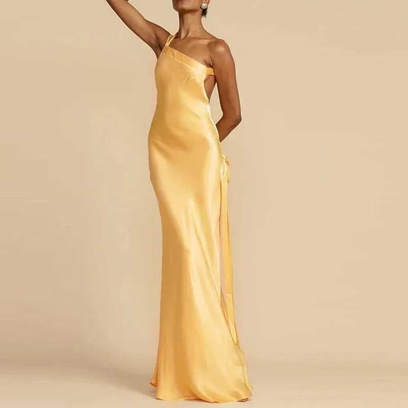 BWQ Abito da festa sexy con spalla inclinata primaverile Abito lungo Boho in raso a vita alta da donna Abito maxi con fasciatura cava senza schienale