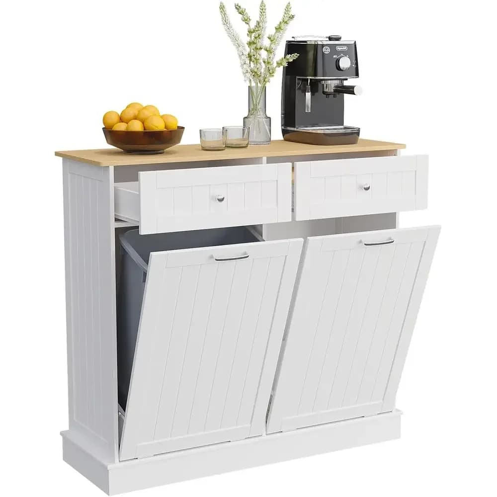 20 Gallon Double Trash Can Cabinet with 2 Drawers, Cutting Board, and Pet Proof Lid - White Kitchen Recycling Hamper