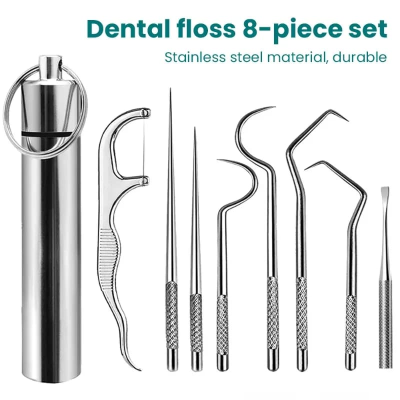 Stuzzicadenti portatile in acciaio inossidabile Strumento per la raccolta dei denti Igiene orale Set di aghi per denti con filo interdentale