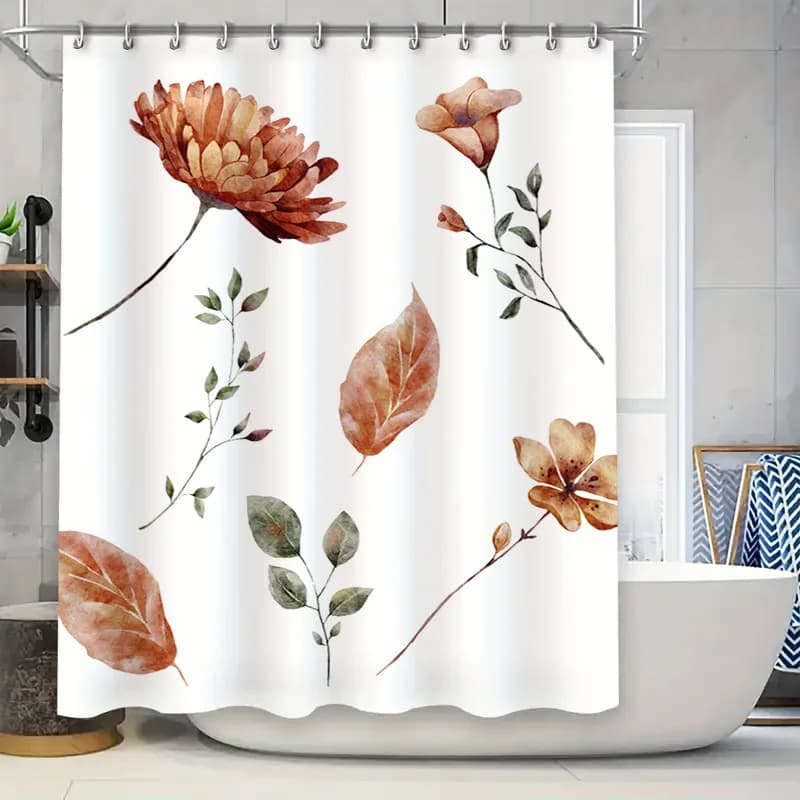 Tenda da doccia floreale vibrante Decorazioni per il bagno Rustico Foglie arancioni Fiori Pannello doccia impermeabile Panno 180x274 cm (Bianco)