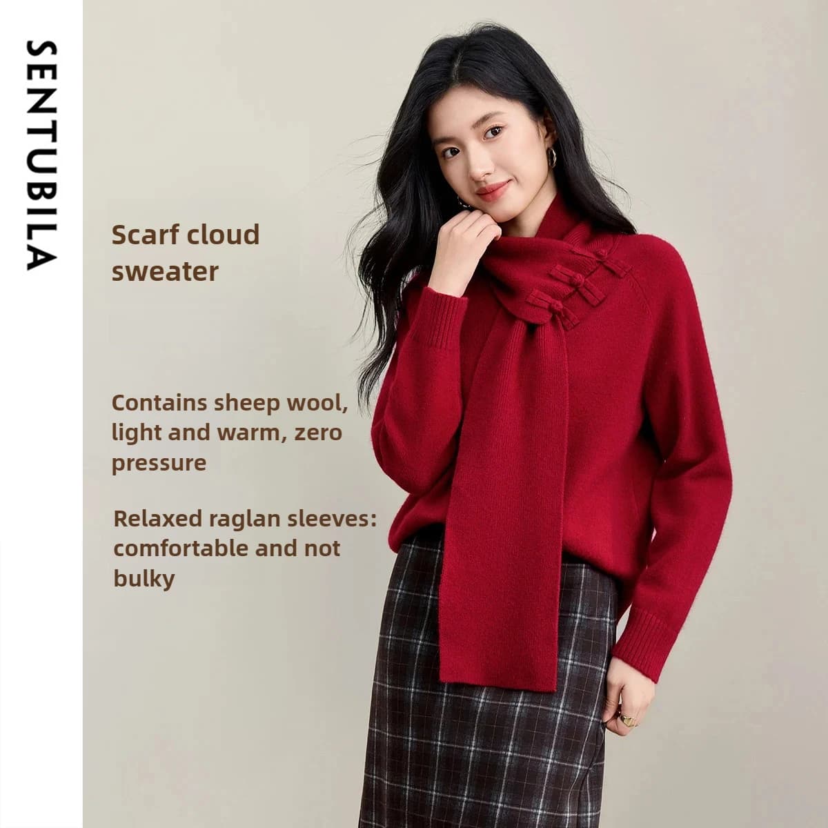 Maglione da Donna SENTUBILA in Maglia con Collo Staccabile Stile Cinese Autunno 2026, Top a Maniche Lunghe Ampio W53EG3490