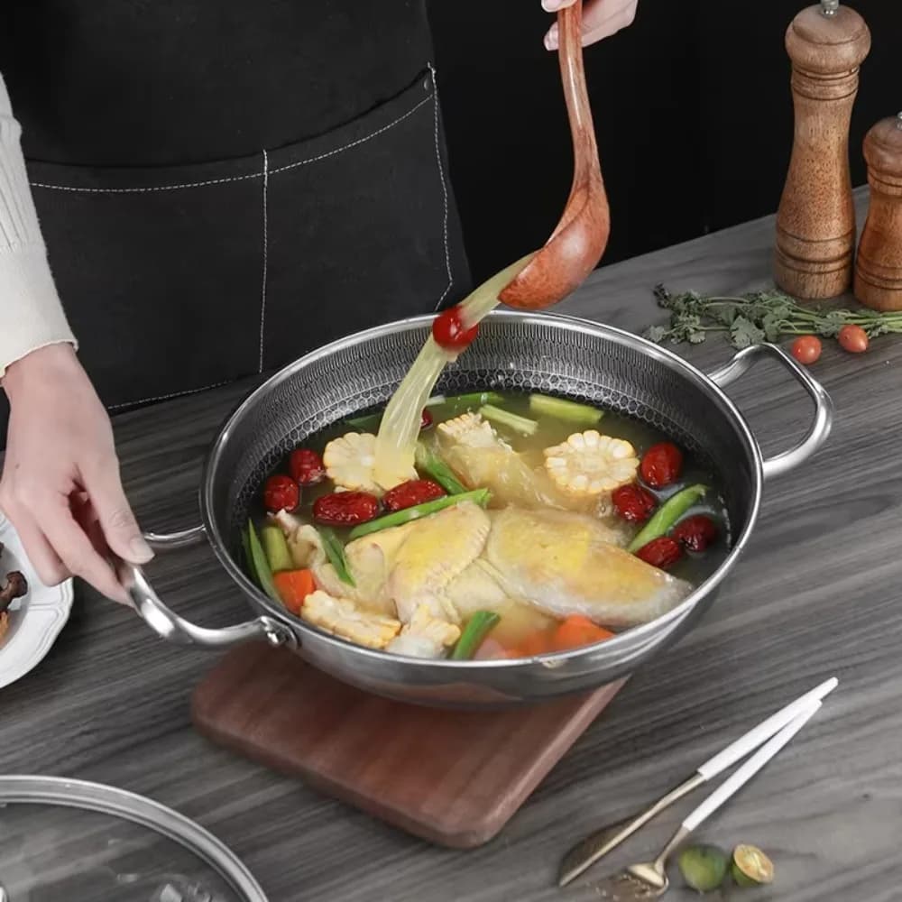 Durevole padella Wok in acciaio inossidabile 32/34/36 cm padella per uso alimentare addensata con coperchio pentola a nido d'ape fornello a induzione a gas