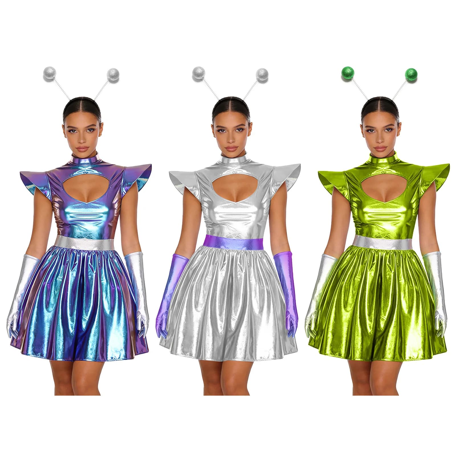 Women Shiny Alien Outerspace Cosplay Costume Halloween Dress-up Outfit 2pcs Sleeveless Tutu Dance Dress for Future World Party