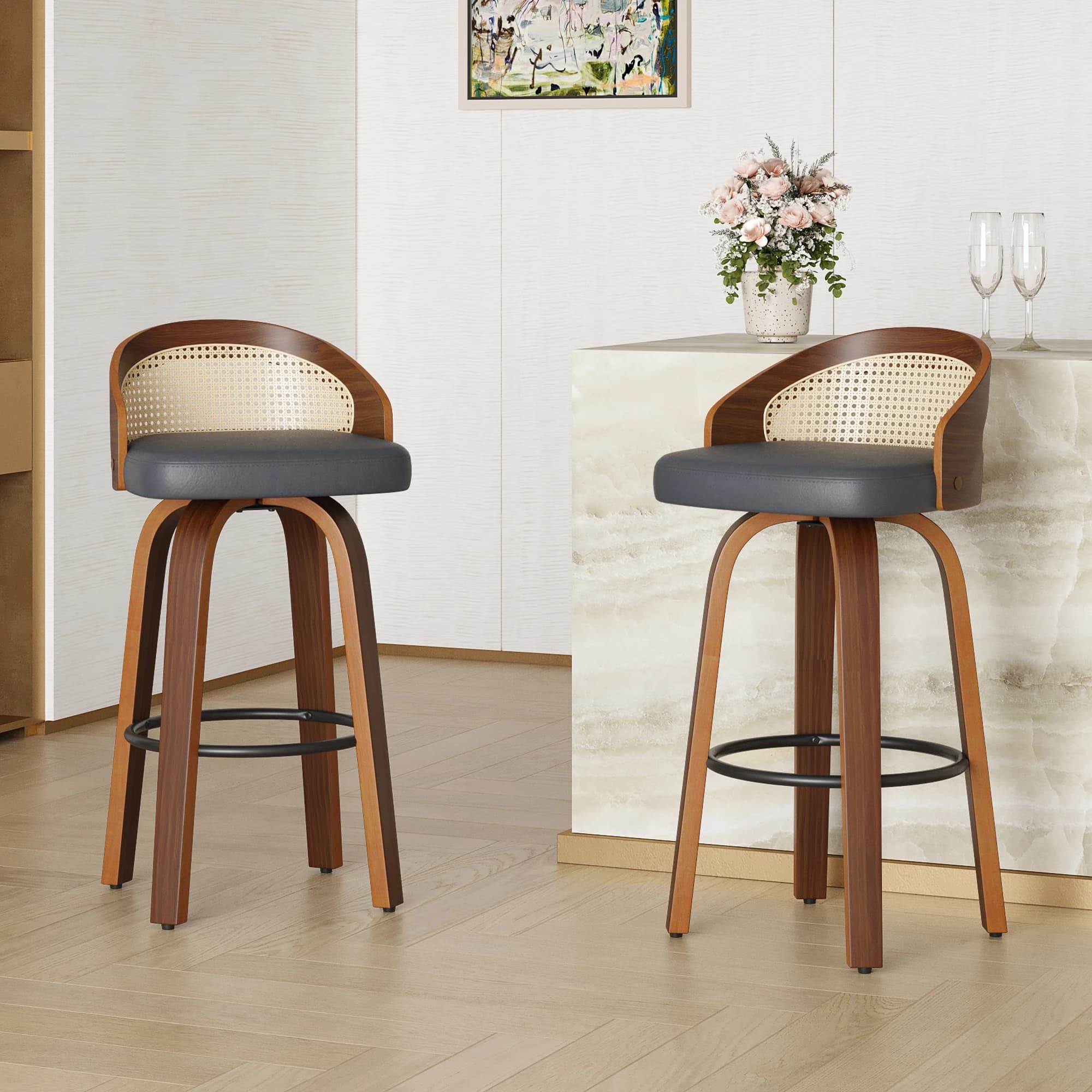 Set di 2 Sgabelli da Bar Girevoli, Struttura in Legno Moderna con Schienale in Rattan, Seduta in Pelle PU per Bancone Cucina, Tavolo da Bar