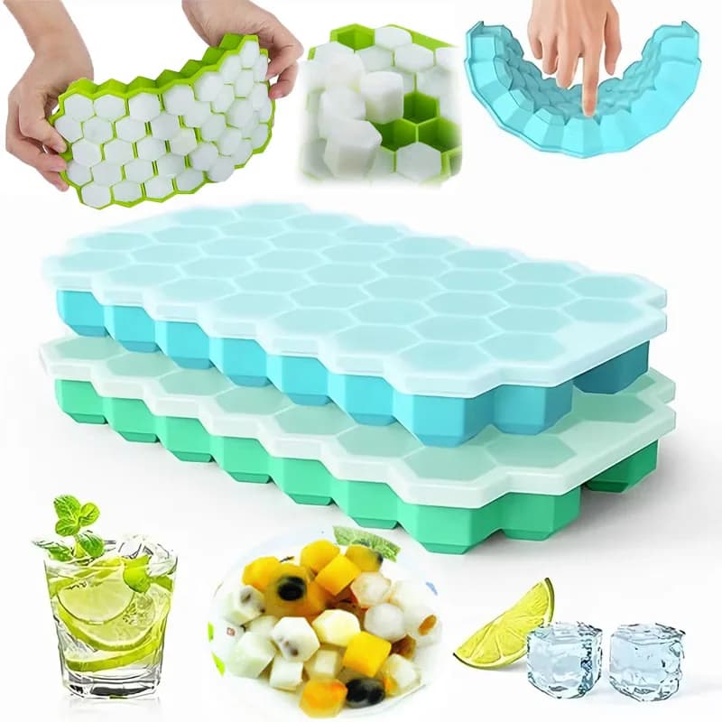 37 Vassoi per cubetti di ghiaccio a griglia Congelatore con coperchio in silicone per piccoli stampi per cubetti di ghiaccio Facile rilascio riutilizzabile in contenitori organizzatori o secchiello per il ghiaccio