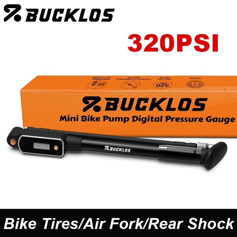 Pompa ad aria manuale BUCKLOS per bicicletta, gonfiatore portatile per pneumatici bici con manometro digitale, pompa per forcella ammortizzata da ciclismo