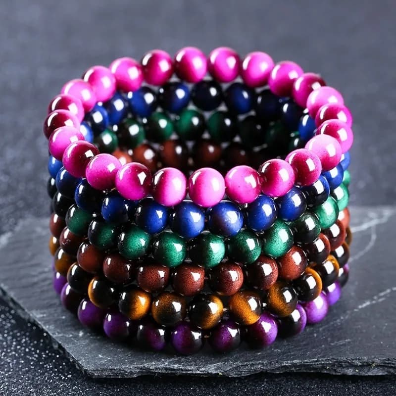 10 Pezzi Braccialetto in Occhio di Tigre Colorato 8MM, Bracciale Portafortuna con Perline Intrecciate per Uomo e Donna, Regalo Unisex