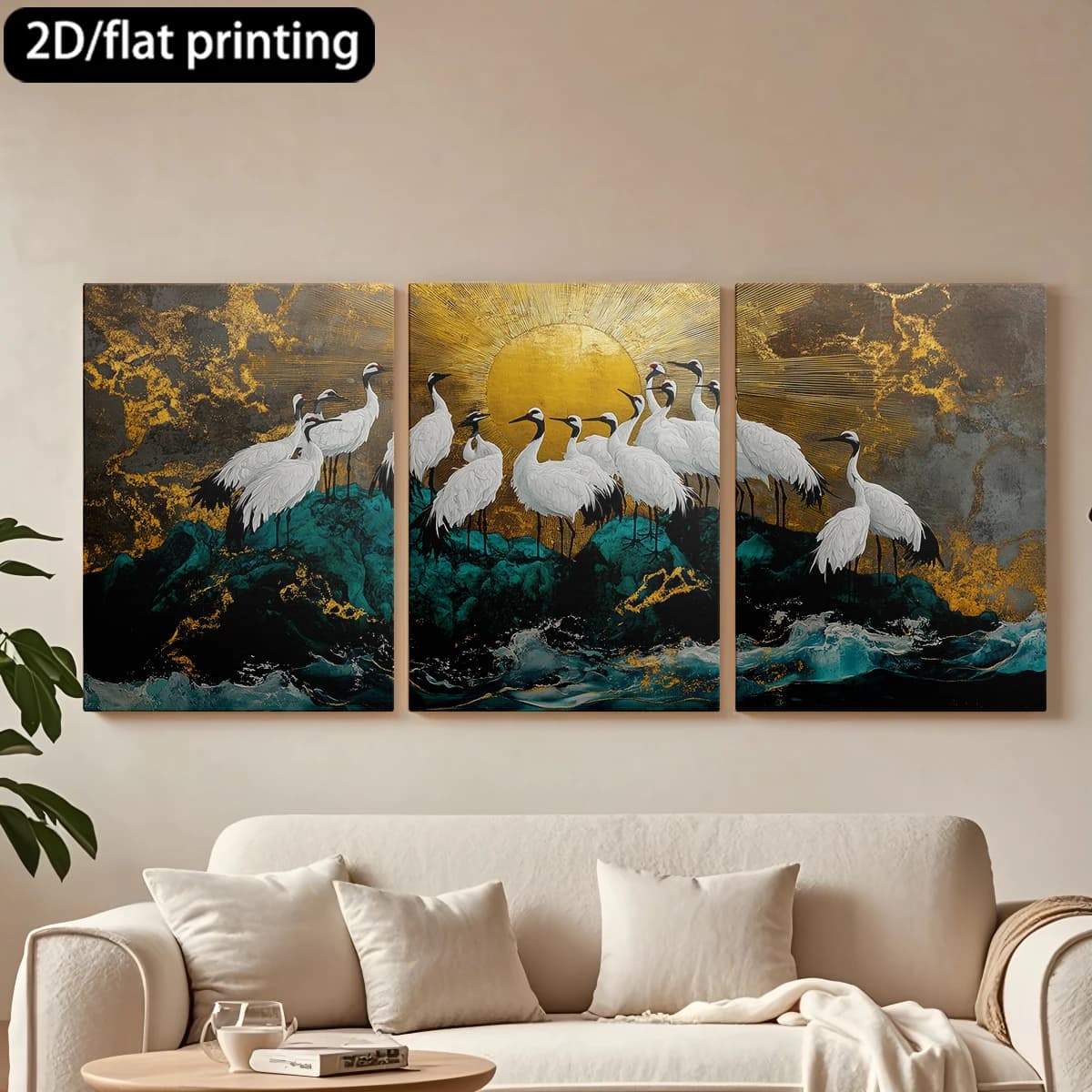 Decorative painting on canvas with wooden frame, 3 pieces. Red crown crane, rock, radiant sun. Tende per camera da letto ikea.