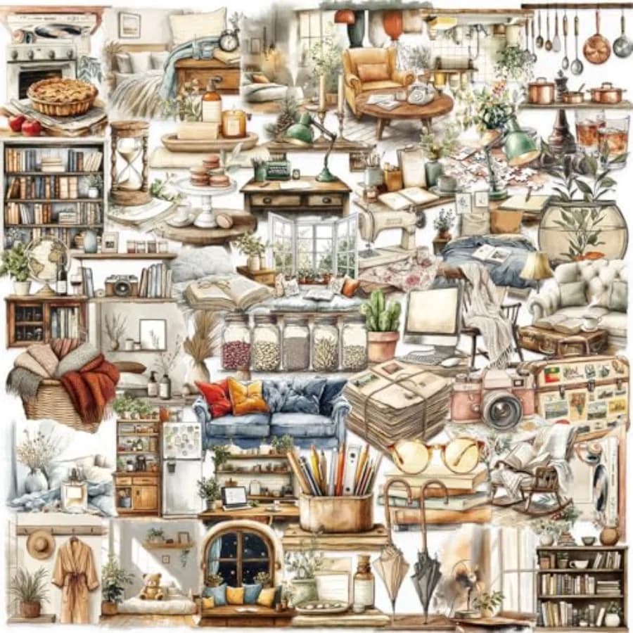 50 adesivi artistici per la casa, per laptop e bottiglie d'acqua: adesivi retrò trasparenti in PET impermeabile, colori beige-rosso-blu, alla moda