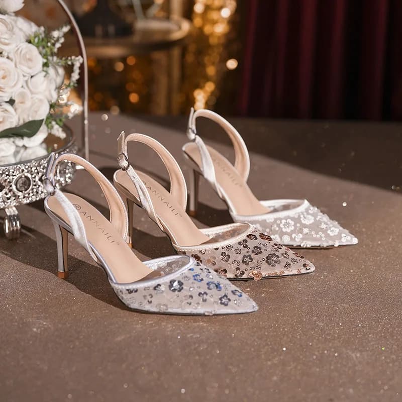 Women's sandals with stiletto heel, new for spring and summer, with pointed toe, on the net, with rhinestones and sequins, for weddings and banquets, available in large and small sizes.