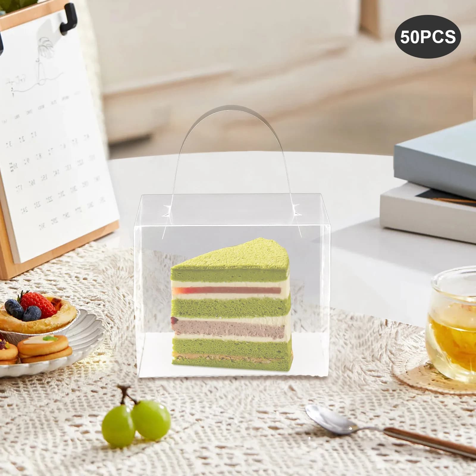 50 Scatole Trasparenti per Torte, Contenitori per Torte in Plastica con Coperchio e Manico per Matrimoni, Compleanni, Baby Shower, Feste