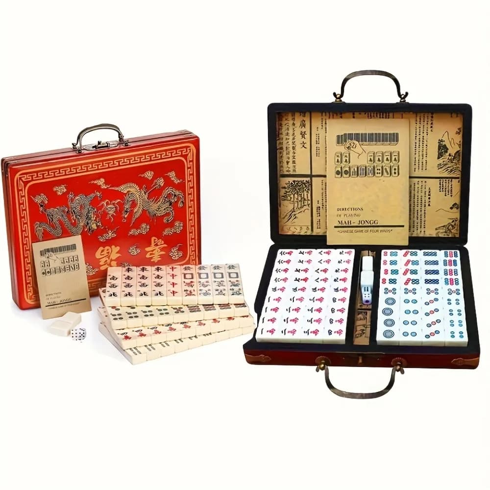 Portable Chinese Mahjong Set with Ornate Storage Case Traditional Retro Mahjong Tile Game with Tiles & Dices for Adults Gift