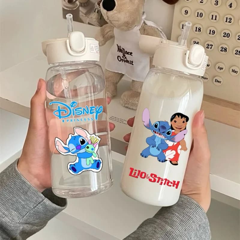 Disney Lilo & Stitch Plastic water cup with transparent, portable, for outdoor sports, for children, leak-resistant, drinking water bottle