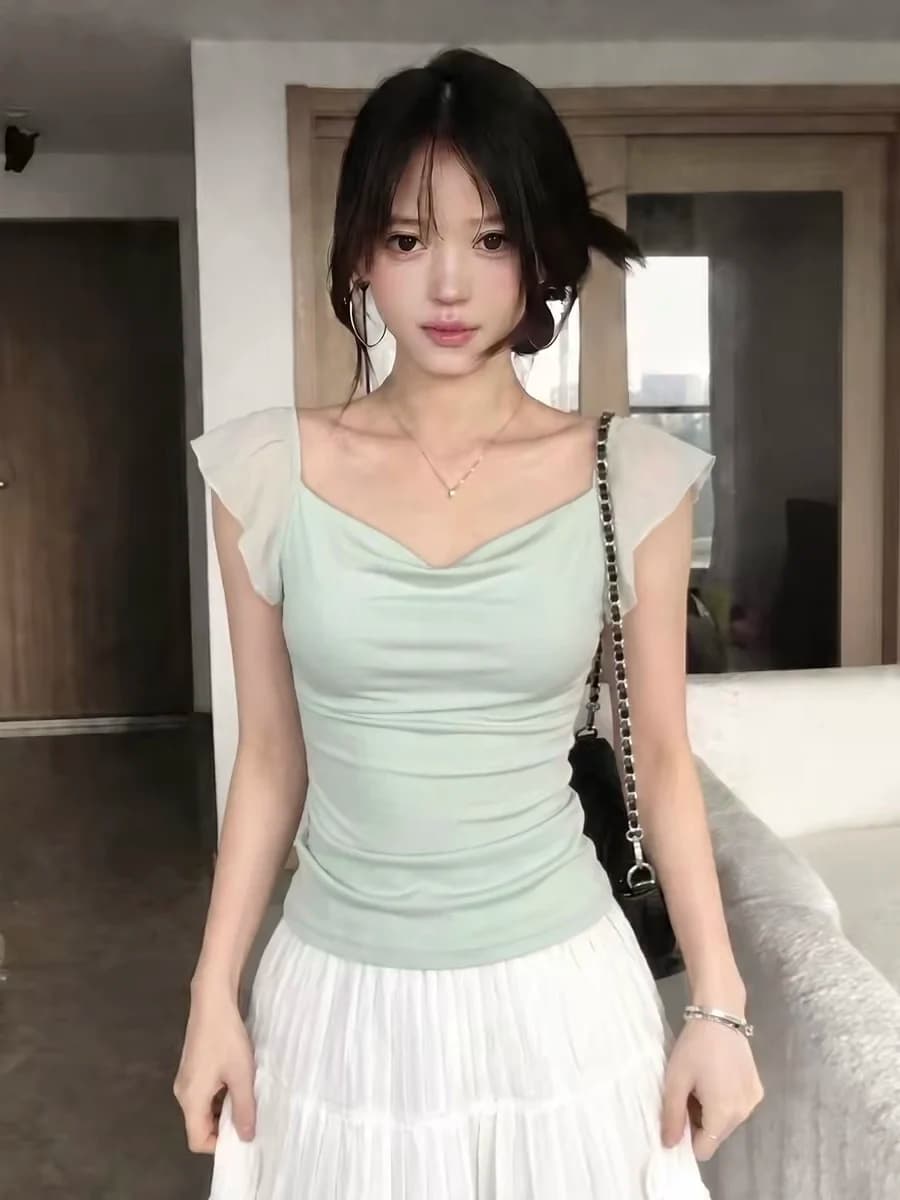 American Style Spicy Girl Summer New Style Sleeveless T-Shirt Women's Mesh Trimmed Vest Slimming Fly Sleeve Top