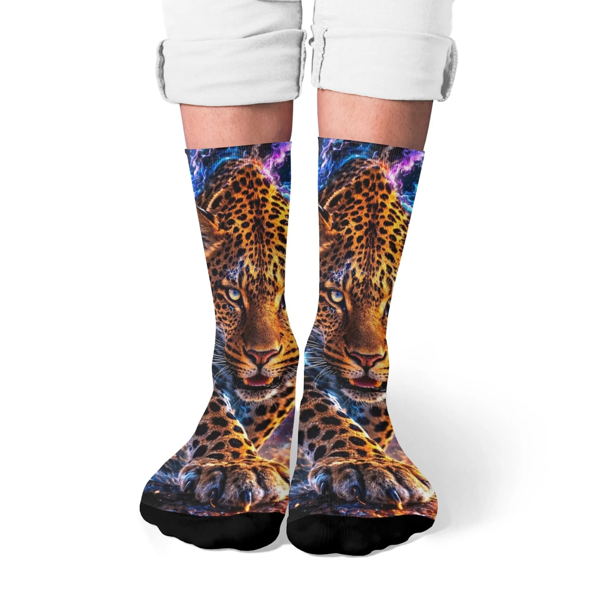 Neon Lightning Leopard Men's Socks Cyberpunk Style Novelty Funny Hip-hop Socks Breathable Non-slip Casual Fashion Socks Gift