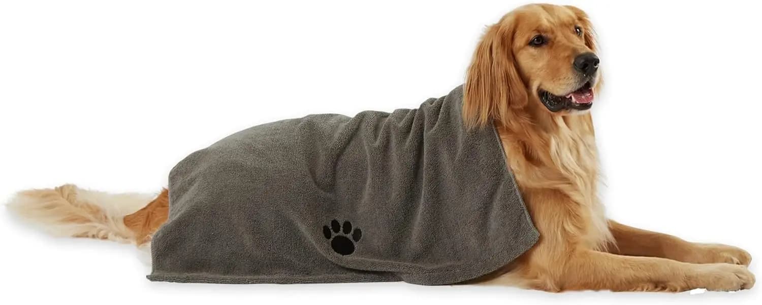 Asciugamano in Microfibra Assorbente Extra Large per Toelettatura Animali, 41x23.5", Ricamato Grigio per Asciugatura Rapida