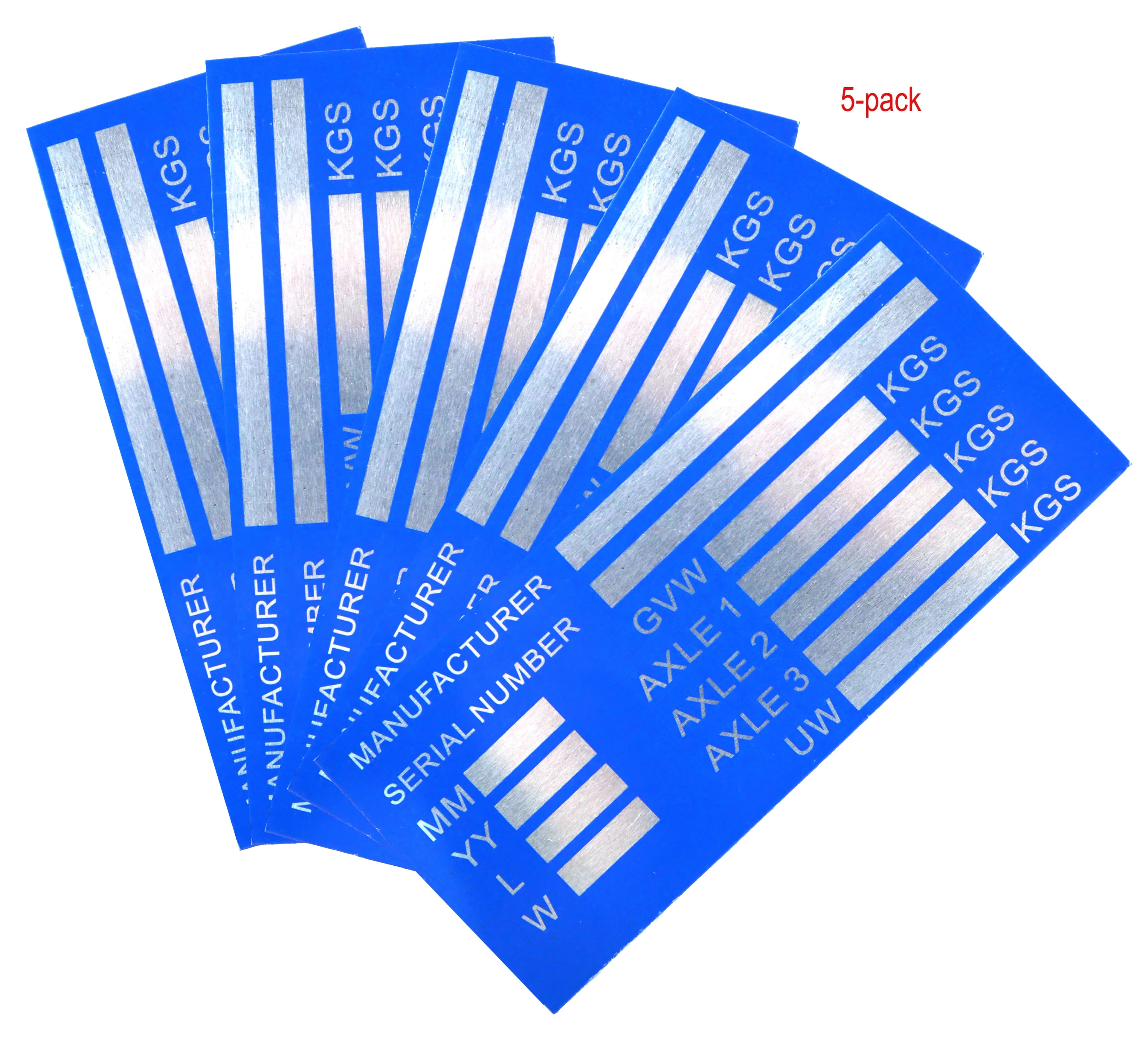 Set of 5 blank identification plates for VIN and axle weight, for vehicles, trucks, boats and trailers, 140mm x 65mm