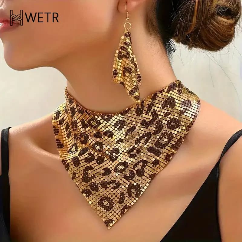 Set di Collana e Orecchini con Paillettes Leopardate alla Moda, Sciarpa Triangolare Luccicante in Stile Indiano, Collana Sexy con Paillettes