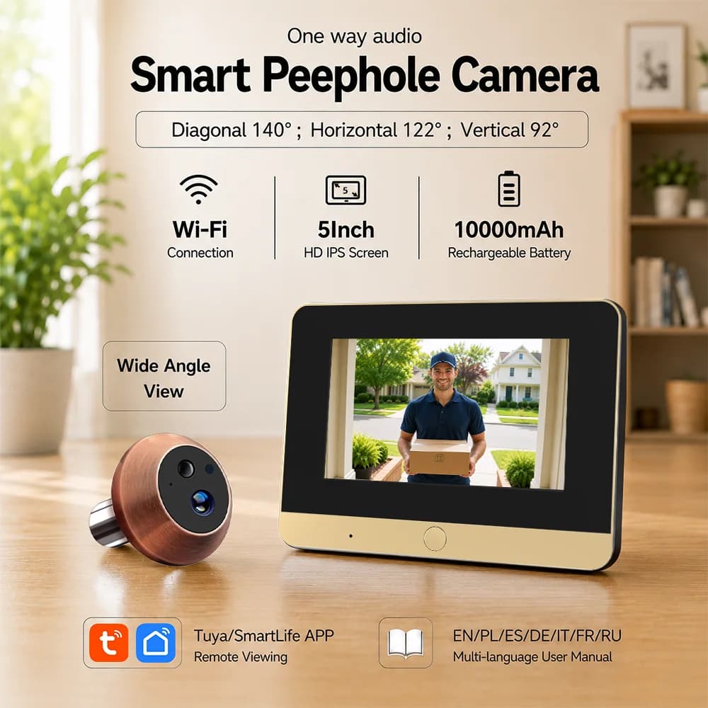 5" Screen 2MP WiFi Tuya SmartLife Infrared Door Cat Eye Digital Viewer PIR Peephole Video Camera 10000mAh Battery Lasts 3-4Month