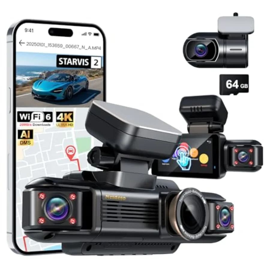 Dash cam 4K a 4 canali per auto, utilizzabile anteriormente e posteriormente, sensore STARVIS 2, nero, copertura a 360° con visione notturna WDR, HDR, AI Driver Mode