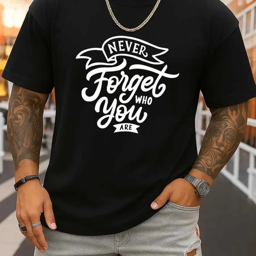 Maglietta con stampa grafica da uomo Never Forget Who You Are, nera, edizione limitata, per l'uso quotidiano estivo e nel fine settimana, top fitness per tutte le stagioni